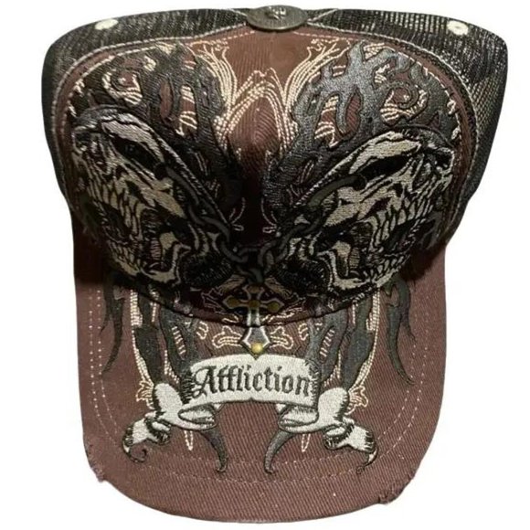 Affliction X Ozzy Osborne Vintage New Double Skull Brown Hat Adult OSFM Y2K Cap - Picture 1 of 6